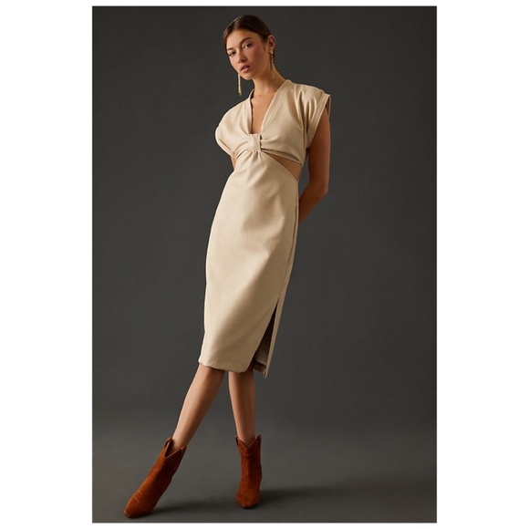 Anthropologie Eva Franco Ivory Midi Vegan Leather Cutout Dress